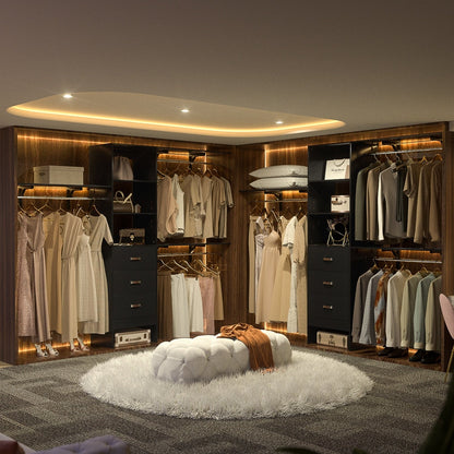 Rackcog Organisateur de placard réglable de 305 cm avec tiroirs, système de rangement avec étagères à assembler soi-même pour placard à l'italienne et placard à porte coulissante.