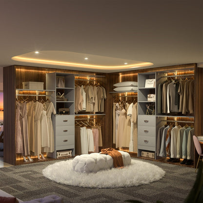 Rackcog Organisateur de placard réglable de 305 cm avec tiroirs, système de rangement avec étagères à assembler soi-même pour placard à l'italienne et placard à porte coulissante.