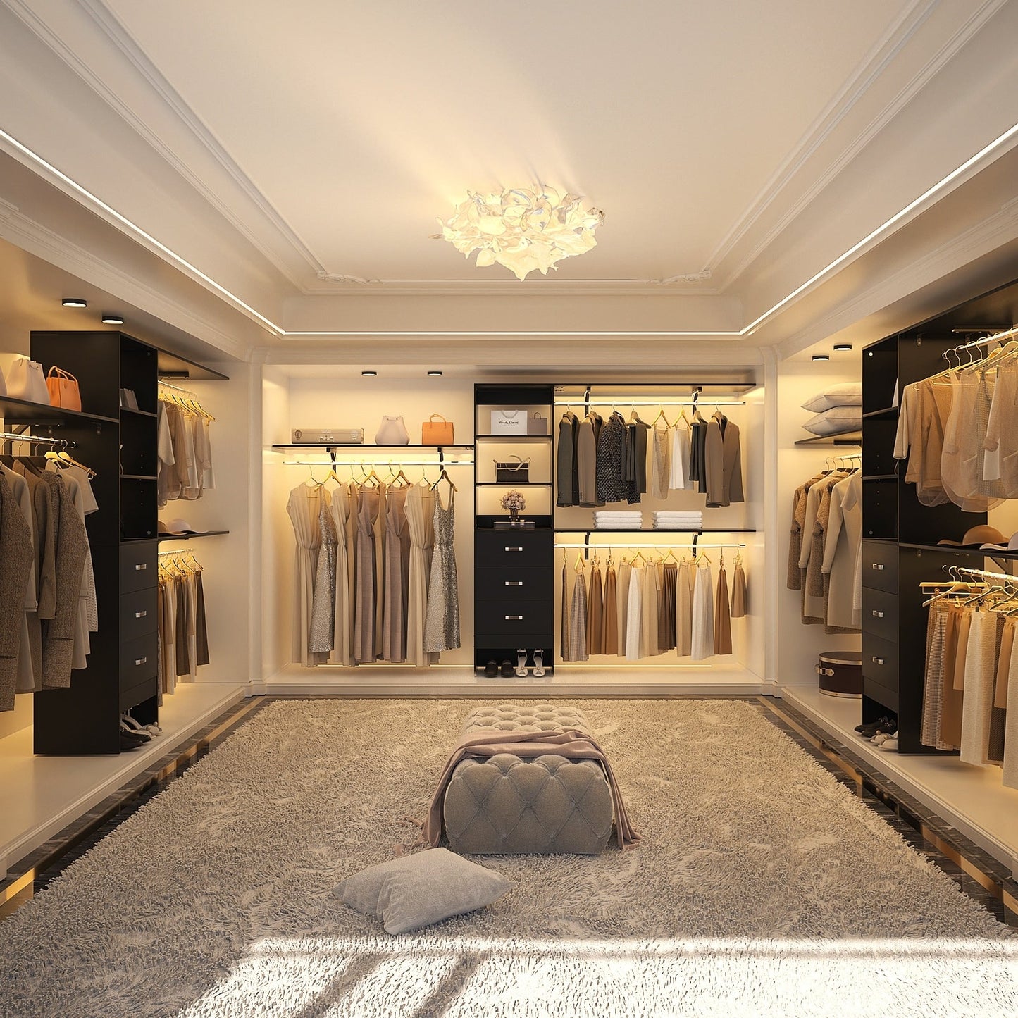 Rackcog Organisateur de placard réglable de 305 cm avec tiroirs, système de rangement avec étagères à assembler soi-même pour placard à l'italienne et placard à porte coulissante.