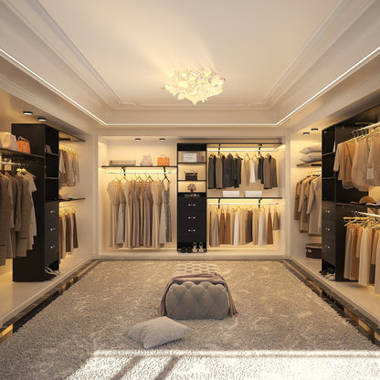 Rackcog Organisateur de placard réglable de 305 cm avec tiroirs, système de rangement avec étagères à assembler soi-même pour placard à l'italienne et placard à porte coulissante.