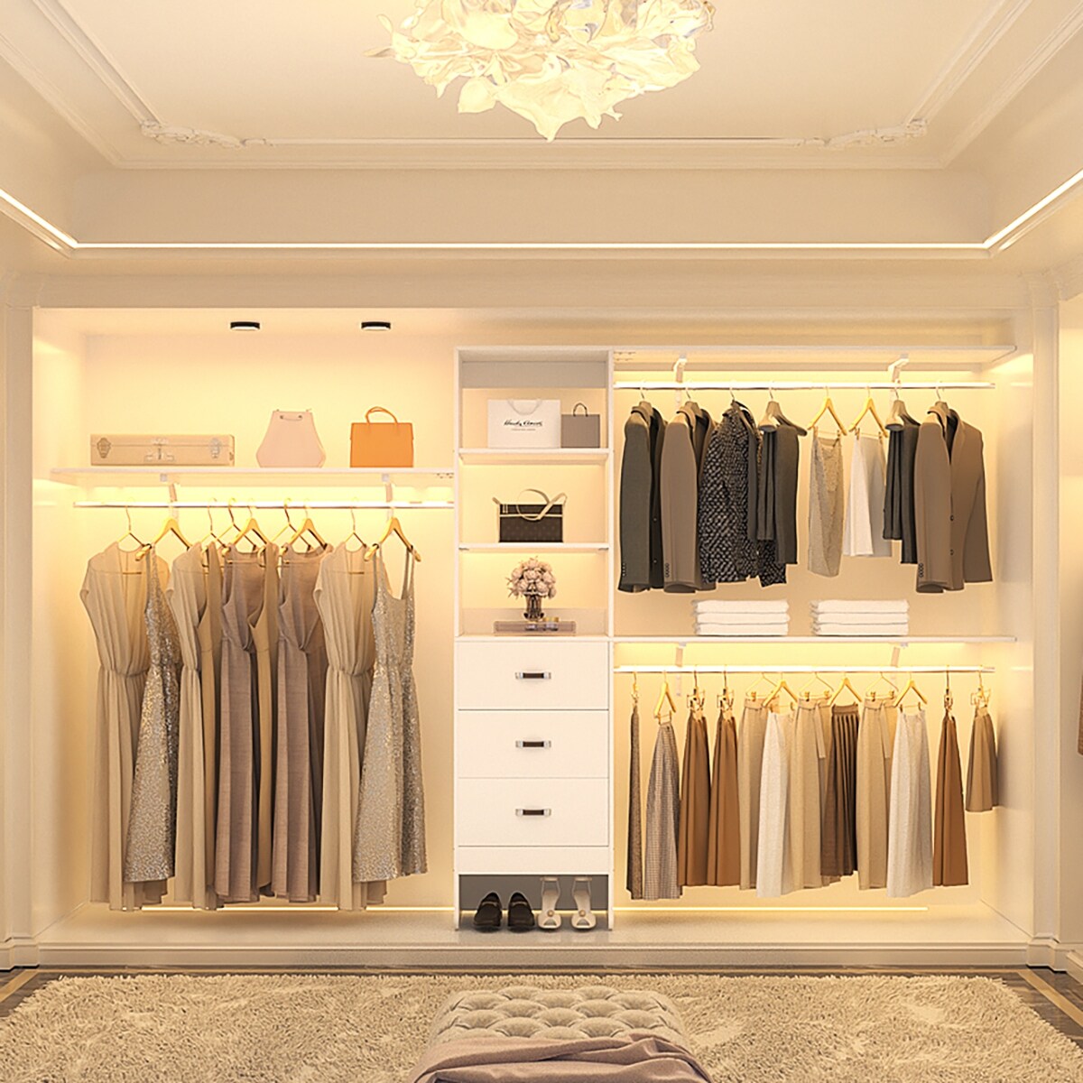 Rackcog Organisateur de placard réglable de 305 cm avec tiroirs, système de rangement avec étagères à assembler soi-même pour placard à l'italienne et placard à porte coulissante.