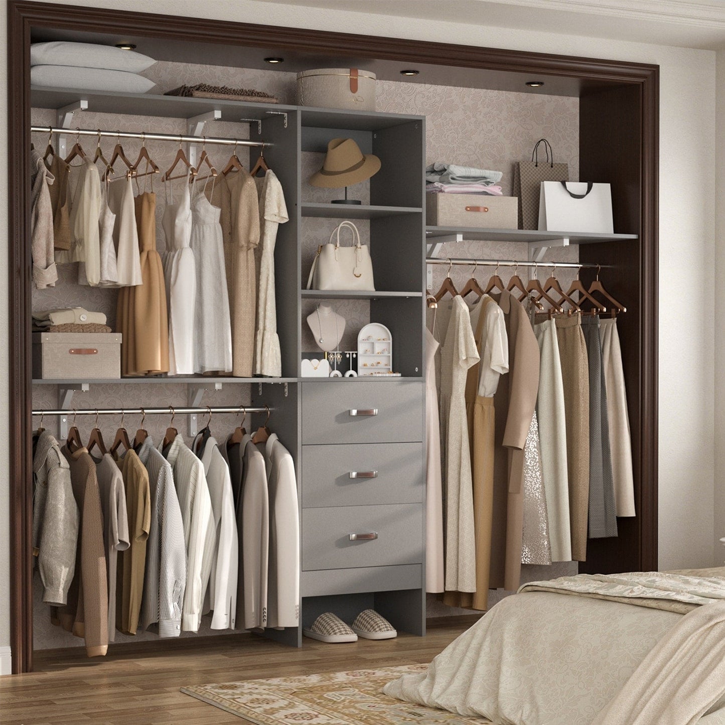 Rackcog Organisateur de placard réglable de 305 cm avec tiroirs, système de rangement avec étagères à assembler soi-même pour placard à l'italienne et placard à porte coulissante.