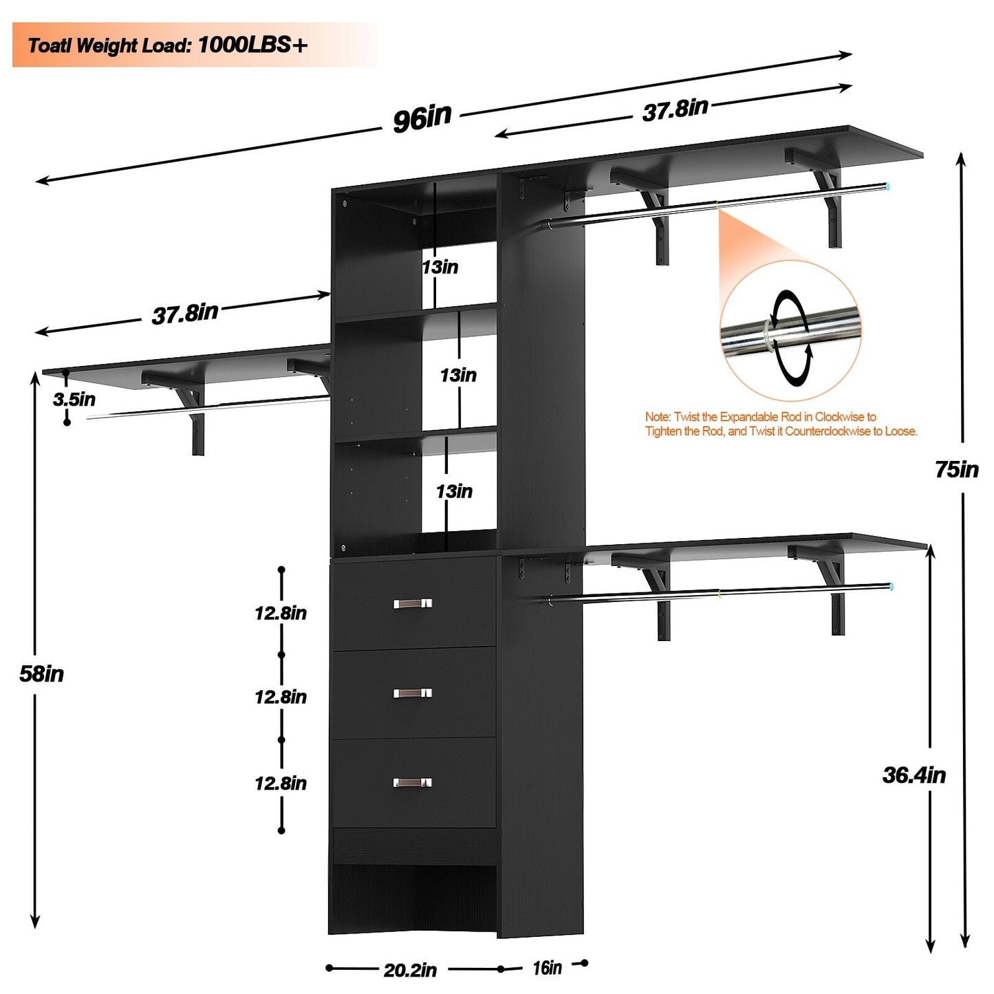 Rackcog Organisateur de placard réglable de 305 cm avec tiroirs, système de rangement avec étagères à assembler soi-même pour placard à l'italienne et placard à porte coulissante.