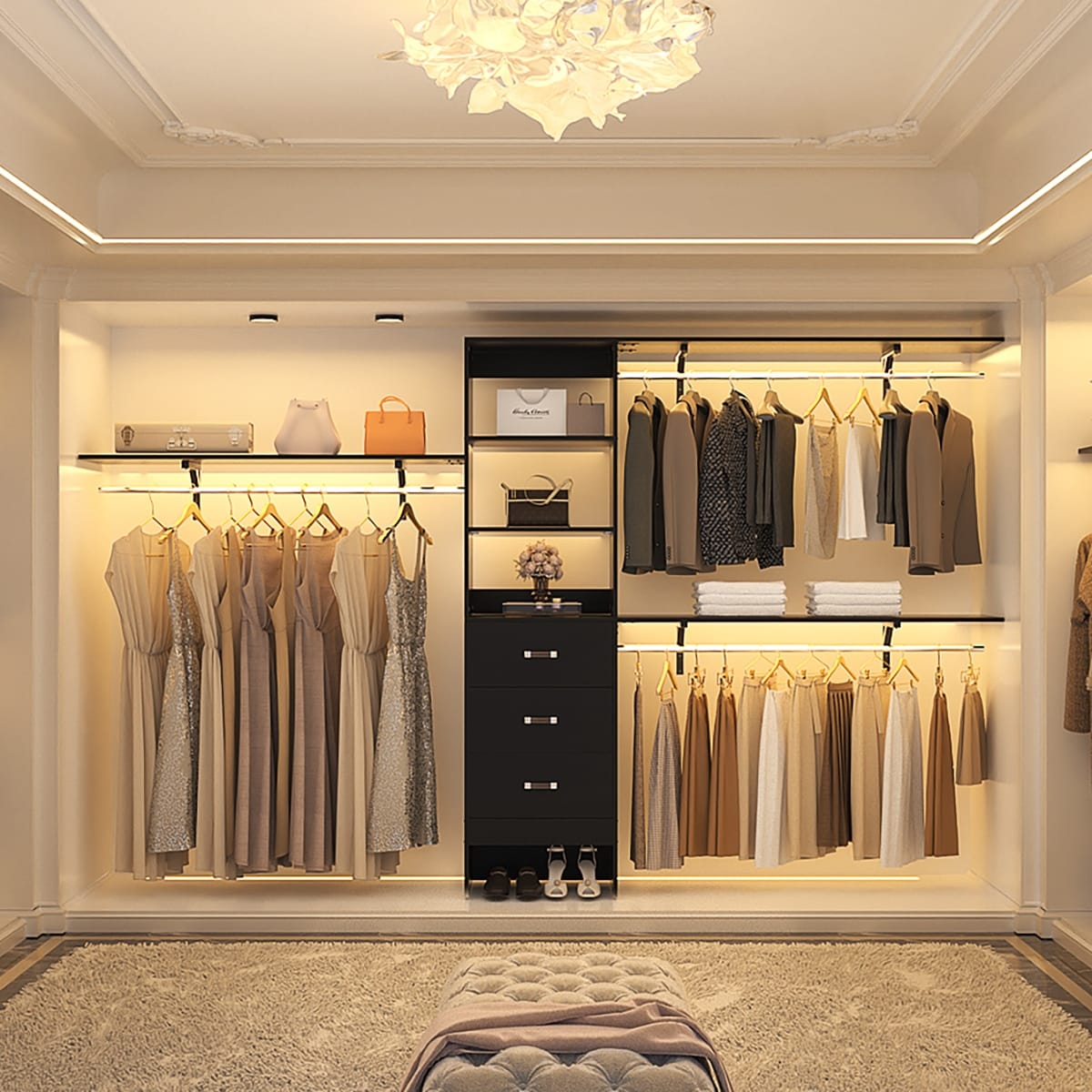 Rackcog Organisateur de placard réglable de 305 cm avec tiroirs, système de rangement avec étagères à assembler soi-même pour placard à l'italienne et placard à porte coulissante.