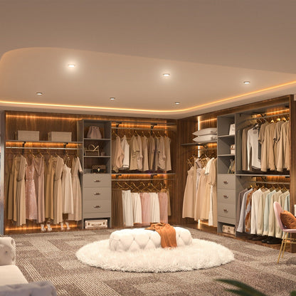 Rackcog Organisateur de placard réglable de 305 cm avec tiroirs, système de rangement avec étagères à assembler soi-même pour placard à l'italienne et placard à porte coulissante.