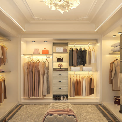 Rackcog Organisateur de placard réglable de 305 cm avec tiroirs, système de rangement avec étagères à assembler soi-même pour placard à l'italienne et placard à porte coulissante.