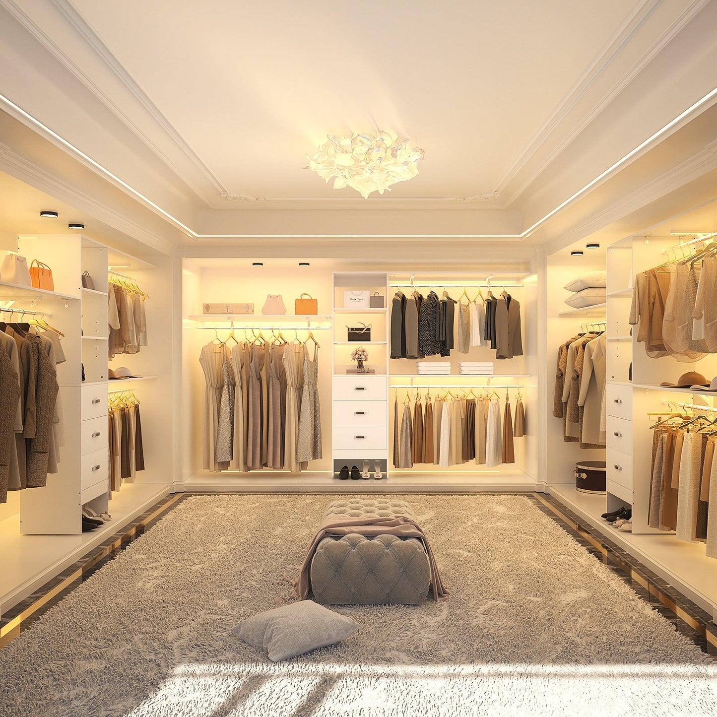 Rackcog Organisateur de placard réglable de 305 cm avec tiroirs, système de rangement avec étagères à assembler soi-même pour placard à l'italienne et placard à porte coulissante.