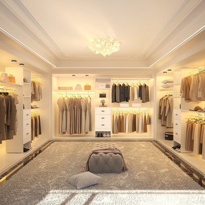 Rackcog Organisateur de placard réglable de 305 cm avec tiroirs, système de rangement avec étagères à assembler soi-même pour placard à l'italienne et placard à porte coulissante.