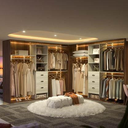 Rackcog Organisateur de placard réglable de 305 cm avec tiroirs, système de rangement avec étagères à assembler soi-même pour placard à l'italienne et placard à porte coulissante.