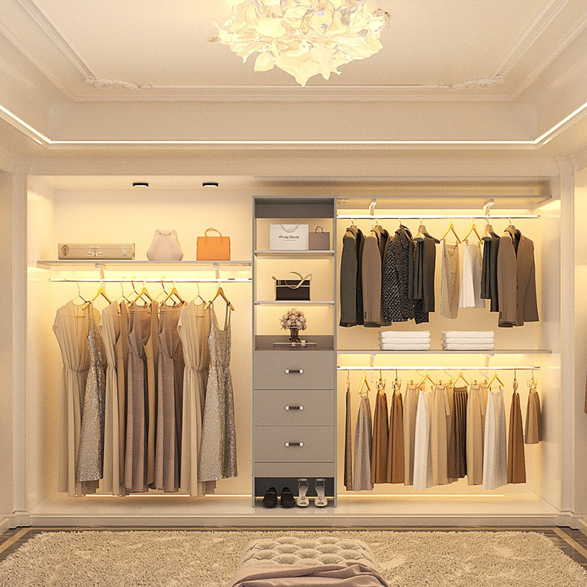 Rackcog Organisateur de placard réglable de 305 cm avec tiroirs, système de rangement avec étagères à assembler soi-même pour placard à l'italienne et placard à porte coulissante.