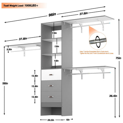 Rackcog Organisateur de placard réglable de 305 cm avec tiroirs, système de rangement avec étagères à assembler soi-même pour placard à l'italienne et placard à porte coulissante.