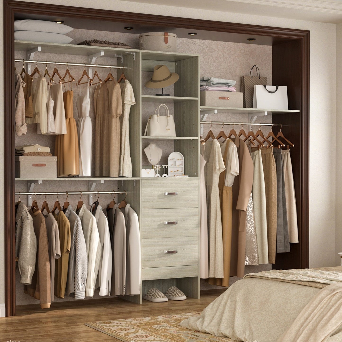 Rackcog Organisateur de placard réglable de 305 cm avec tiroirs, système de rangement avec étagères à assembler soi-même pour placard à l'italienne et placard à porte coulissante.