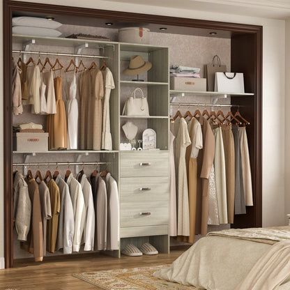 Rackcog Organisateur de placard réglable de 305 cm avec tiroirs, système de rangement avec étagères à assembler soi-même pour placard à l'italienne et placard à porte coulissante.