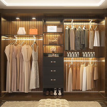 Rackcog Organisateur de placard réglable de 305 cm avec tiroirs, système de rangement avec étagères à assembler soi-même pour placard à l'italienne et placard à porte coulissante.