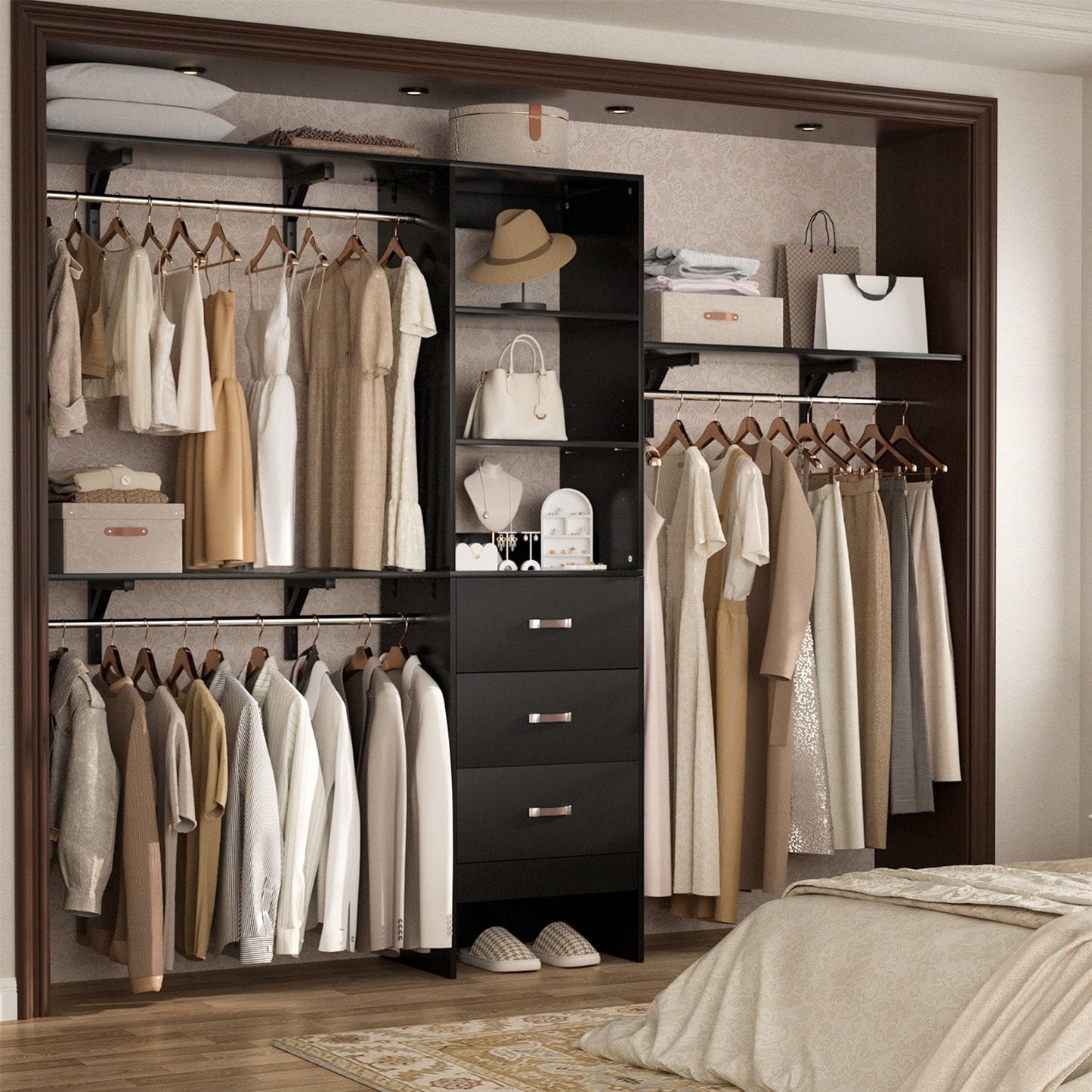 Rackcog Organisateur de placard réglable de 305 cm avec tiroirs, système de rangement avec étagères à assembler soi-même pour placard à l'italienne et placard à porte coulissante.