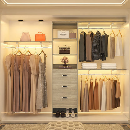 Rackcog Organisateur de placard réglable de 305 cm avec tiroirs, système de rangement avec étagères à assembler soi-même pour placard à l'italienne et placard à porte coulissante.