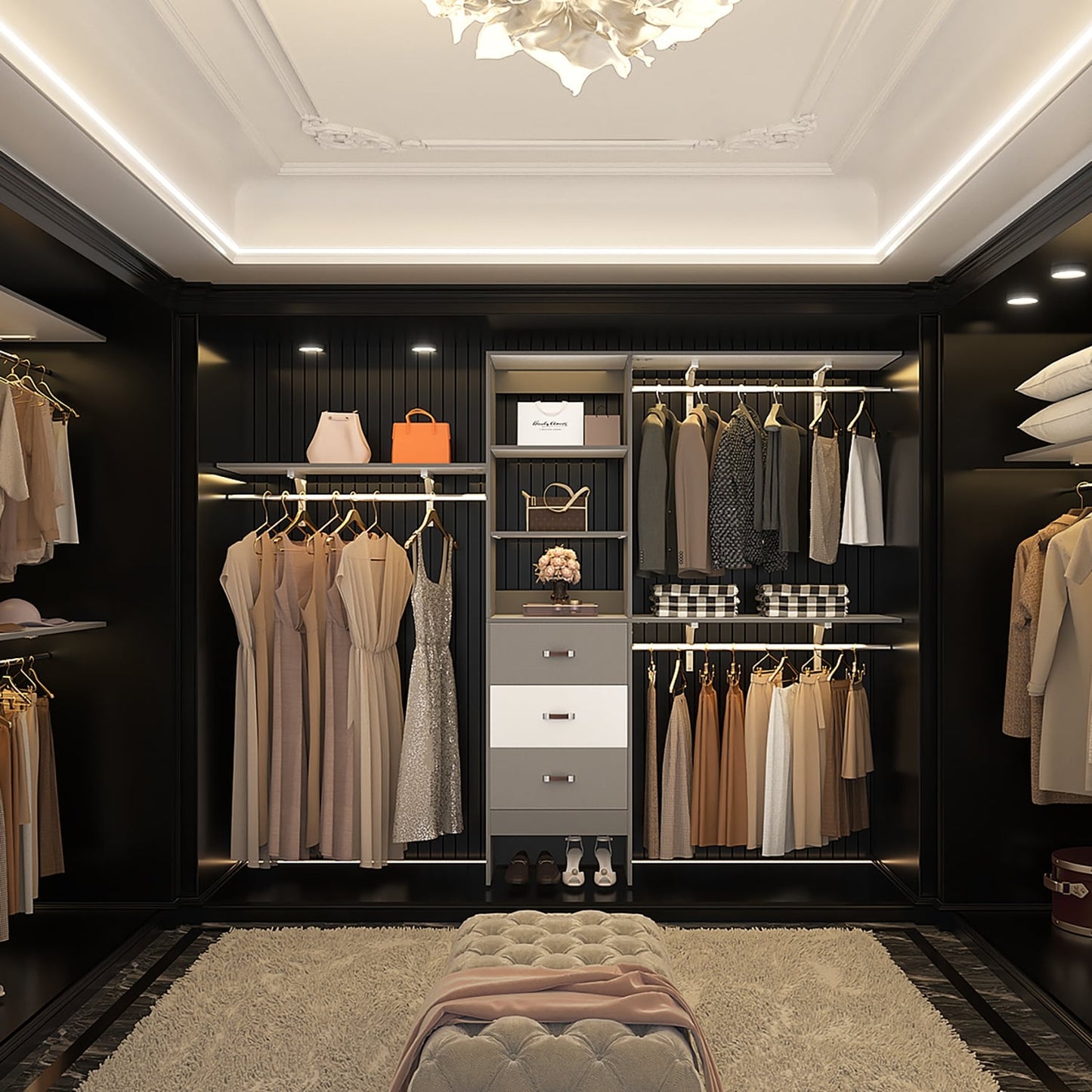 Rackcog Organisateur de placard réglable de 305 cm avec tiroirs, système de rangement avec étagères à assembler soi-même pour placard à l'italienne et placard à porte coulissante.