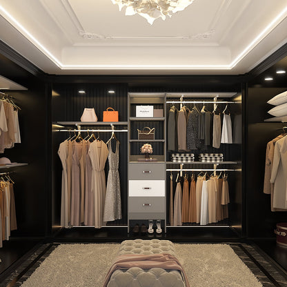 Rackcog Organisateur de placard réglable de 305 cm avec tiroirs, système de rangement avec étagères à assembler soi-même pour placard à l'italienne et placard à porte coulissante.