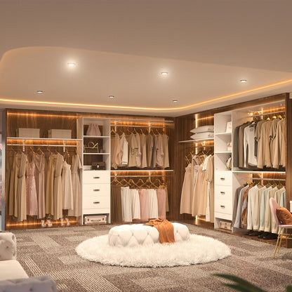 Rackcog Organisateur de placard réglable de 305 cm avec tiroirs, système de rangement avec étagères à assembler soi-même pour placard à l'italienne et placard à porte coulissante.