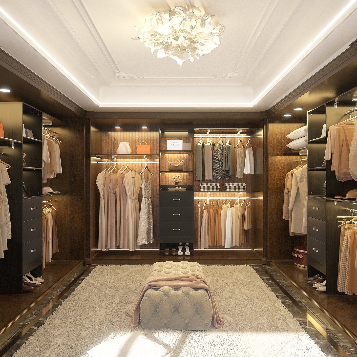 Rackcog Organisateur de placard réglable de 305 cm avec tiroirs, système de rangement avec étagères à assembler soi-même pour placard à l'italienne et placard à porte coulissante.