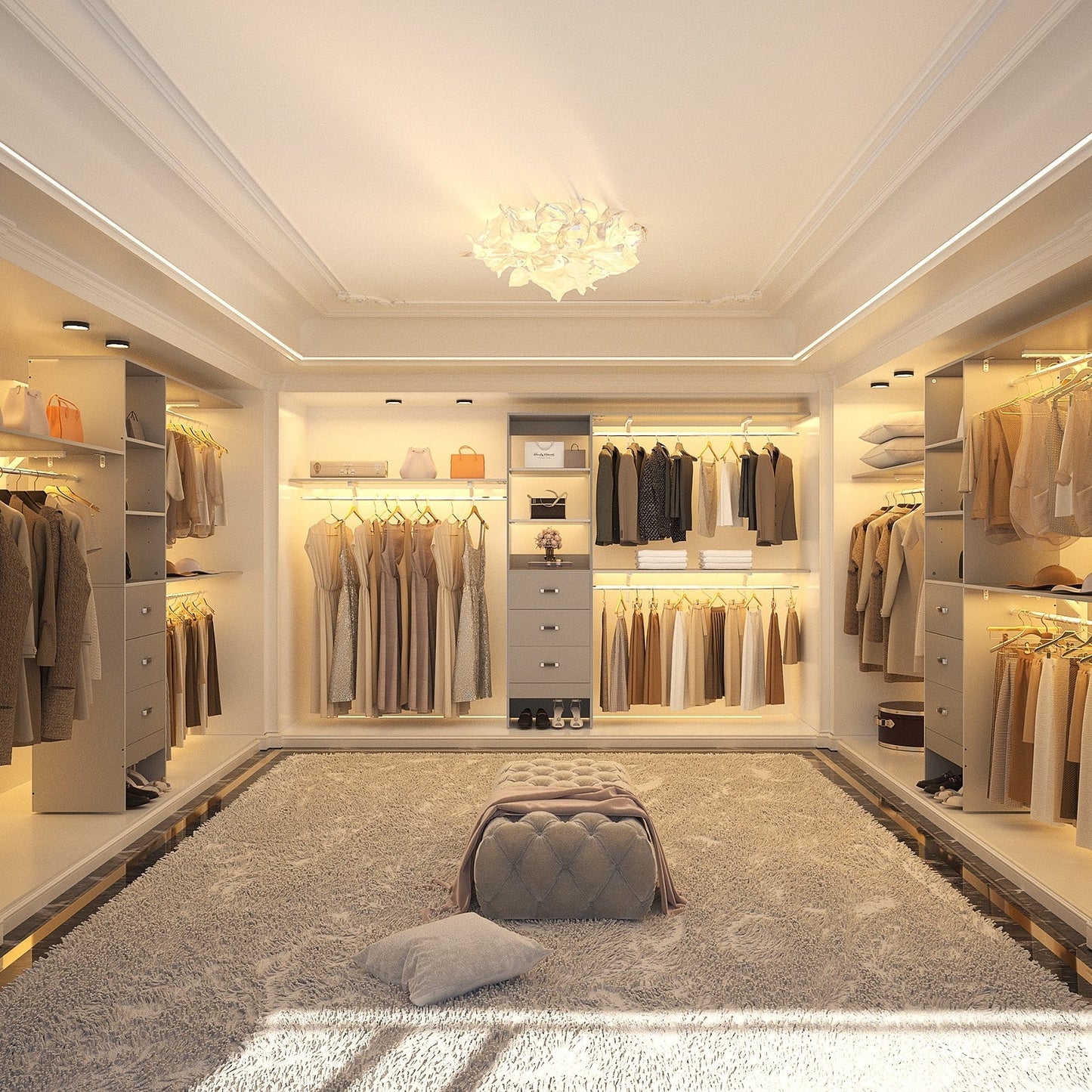 Rackcog Organisateur de placard réglable de 305 cm avec tiroirs, système de rangement avec étagères à assembler soi-même pour placard à l'italienne et placard à porte coulissante.