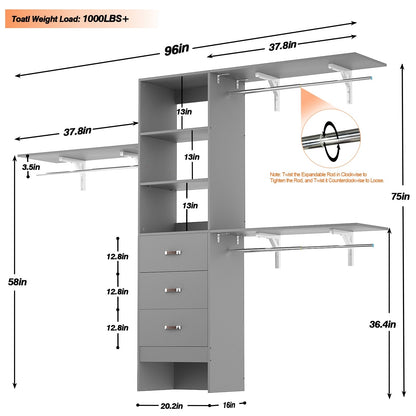 Rackcog Organisateur de placard réglable de 305 cm avec tiroirs, système de rangement avec étagères à assembler soi-même pour placard à l'italienne et placard à porte coulissante.