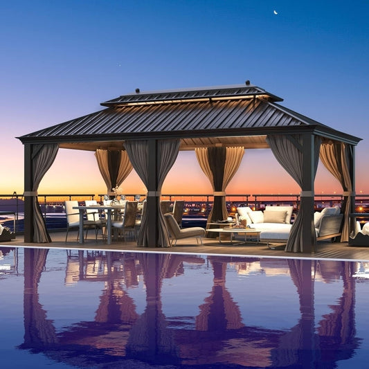 Erommy Gazebo à toit rigide avec cadre en aluminium et toit double, gazebo extérieur permanent avec rideaux et moustiquaire pour patio et jardin.