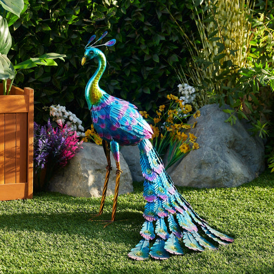 Alpine Corporation Tall Outdoor Metallic Peacock Standing Yard Statue Decoration, Multicolor
