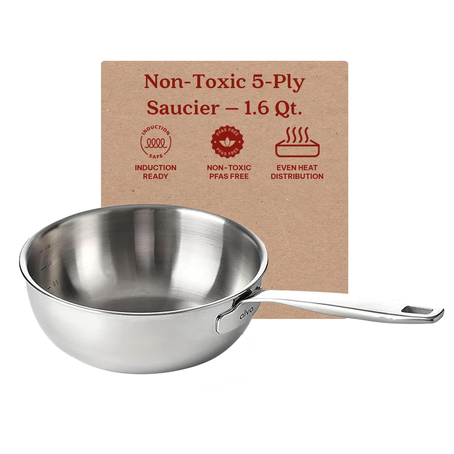 Casserole à sauce Alva Maestro en acier inoxydable 5 plis - 1,6 Qt. Non toxique