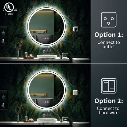 Miroir de coiffure rond sans cadre, à éclairage LED, avec fonction de gradation et anti-buée.