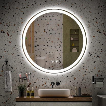 Miroir de coiffure rond sans cadre, à éclairage LED, avec fonction de gradation et anti-buée.