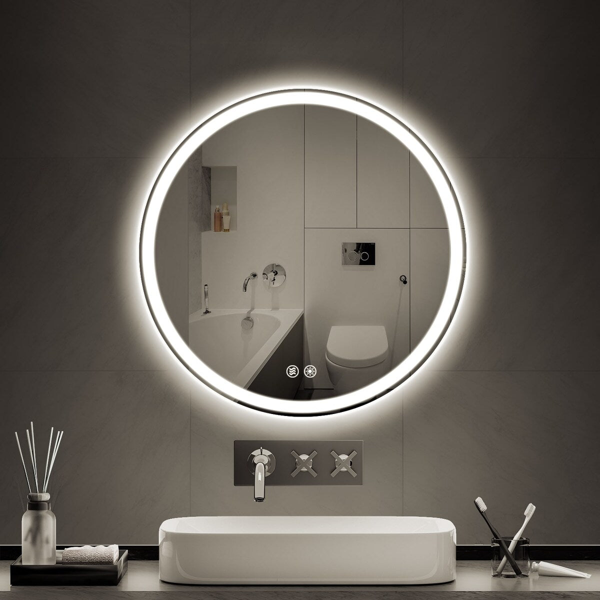Miroir de coiffure rond sans cadre, à éclairage LED, avec fonction de gradation et anti-buée.