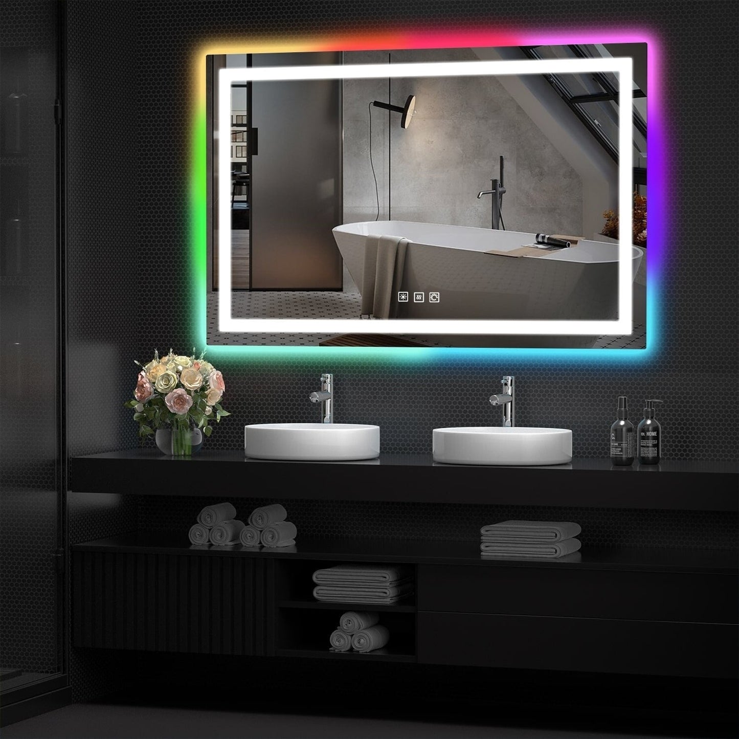 Miroir de salle de bain antibuée avec rétroéclairage RGB et éclairage LED frontal