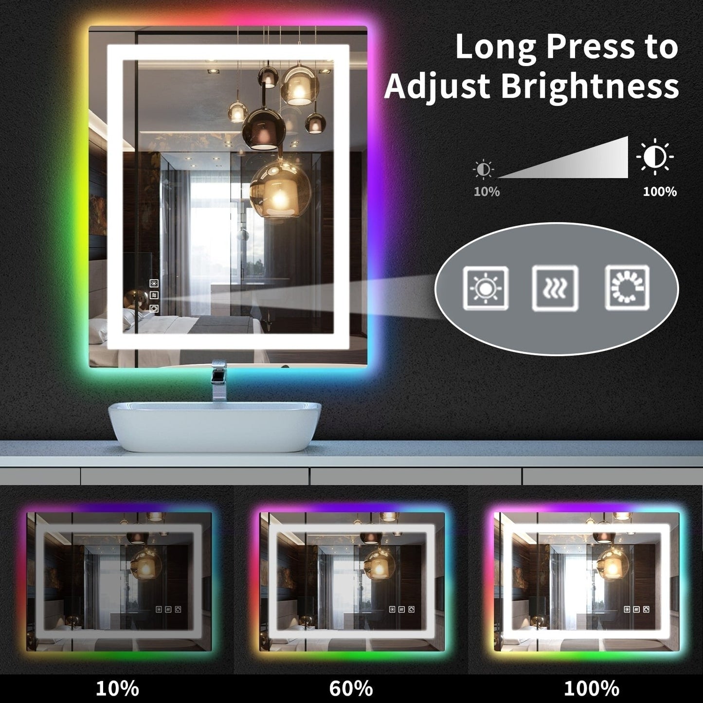 Miroir de salle de bain antibuée avec rétroéclairage RGB et éclairage LED frontal