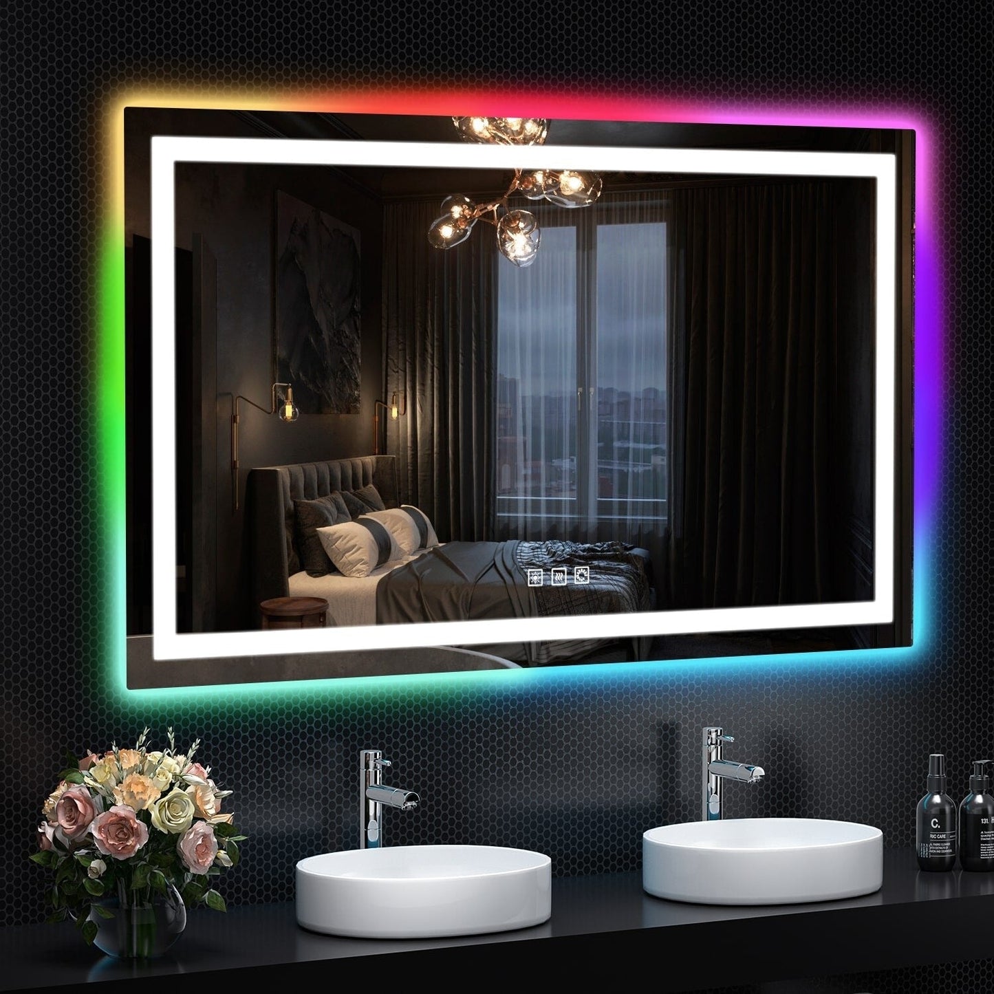 Miroir de salle de bain antibuée avec rétroéclairage RGB et éclairage LED frontal