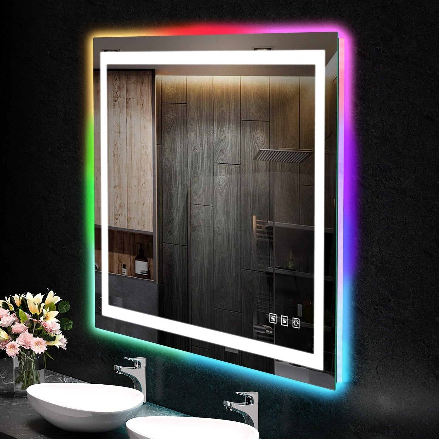 Miroir de salle de bain antibuée avec rétroéclairage RGB et éclairage LED frontal