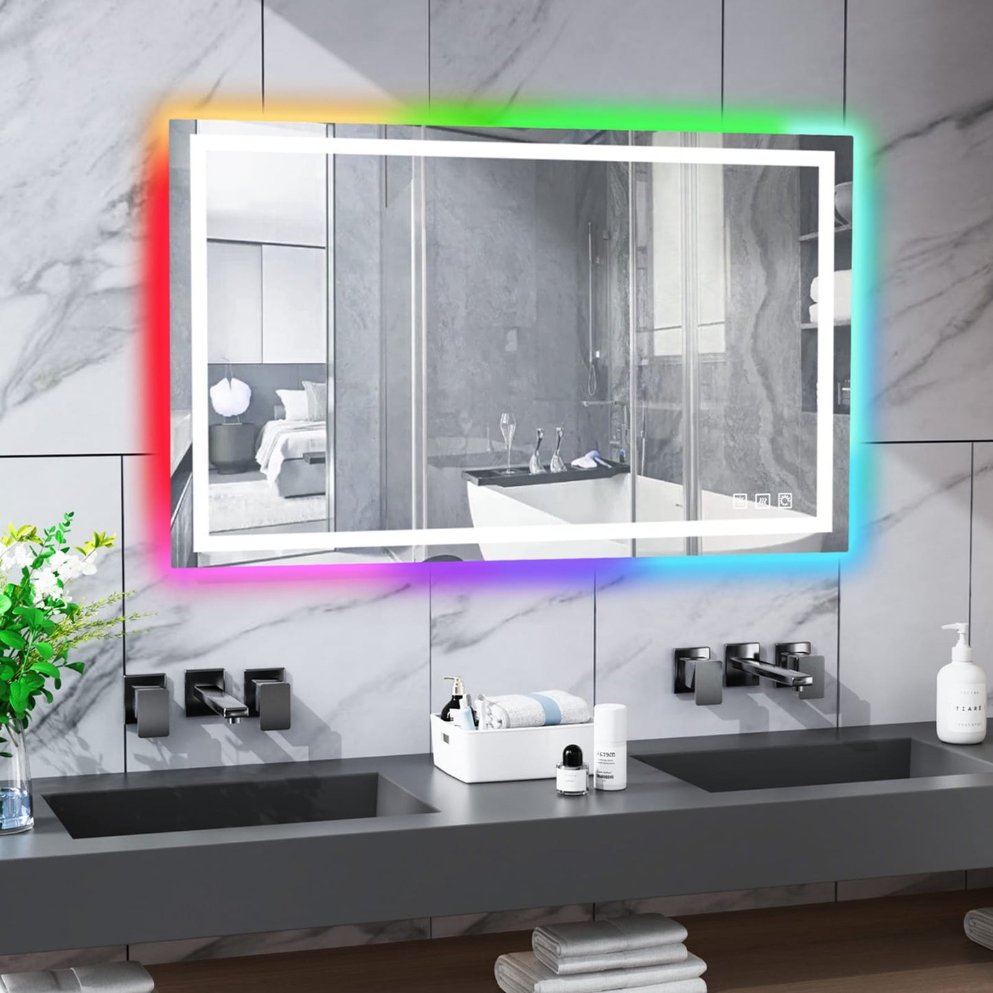 Miroir de salle de bain antibuée avec rétroéclairage RGB et éclairage LED frontal