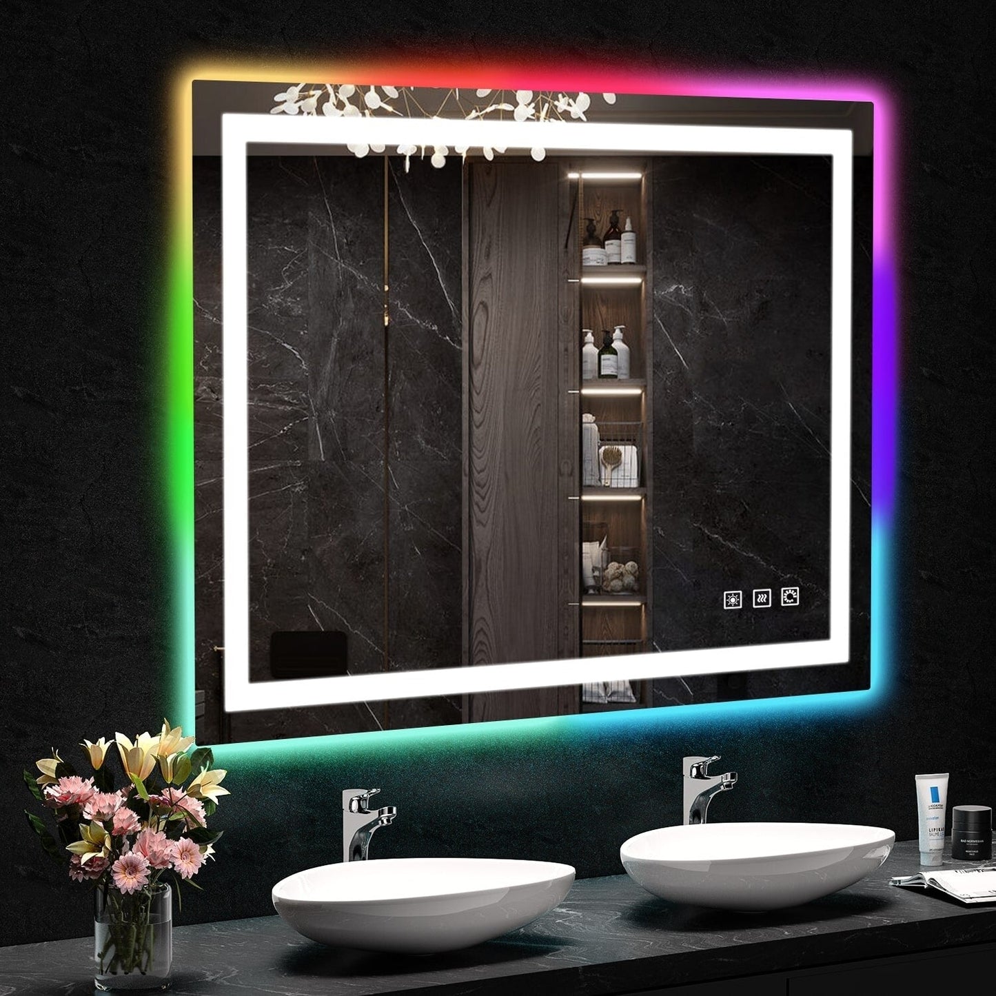 Miroir de salle de bain antibuée avec rétroéclairage RGB et éclairage LED frontal