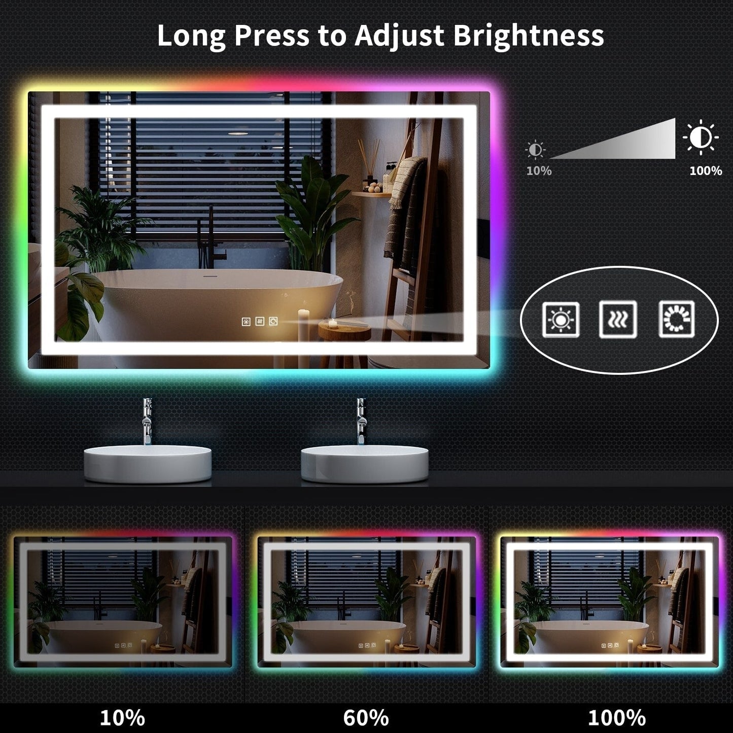 Miroir de salle de bain antibuée avec rétroéclairage RGB et éclairage LED frontal