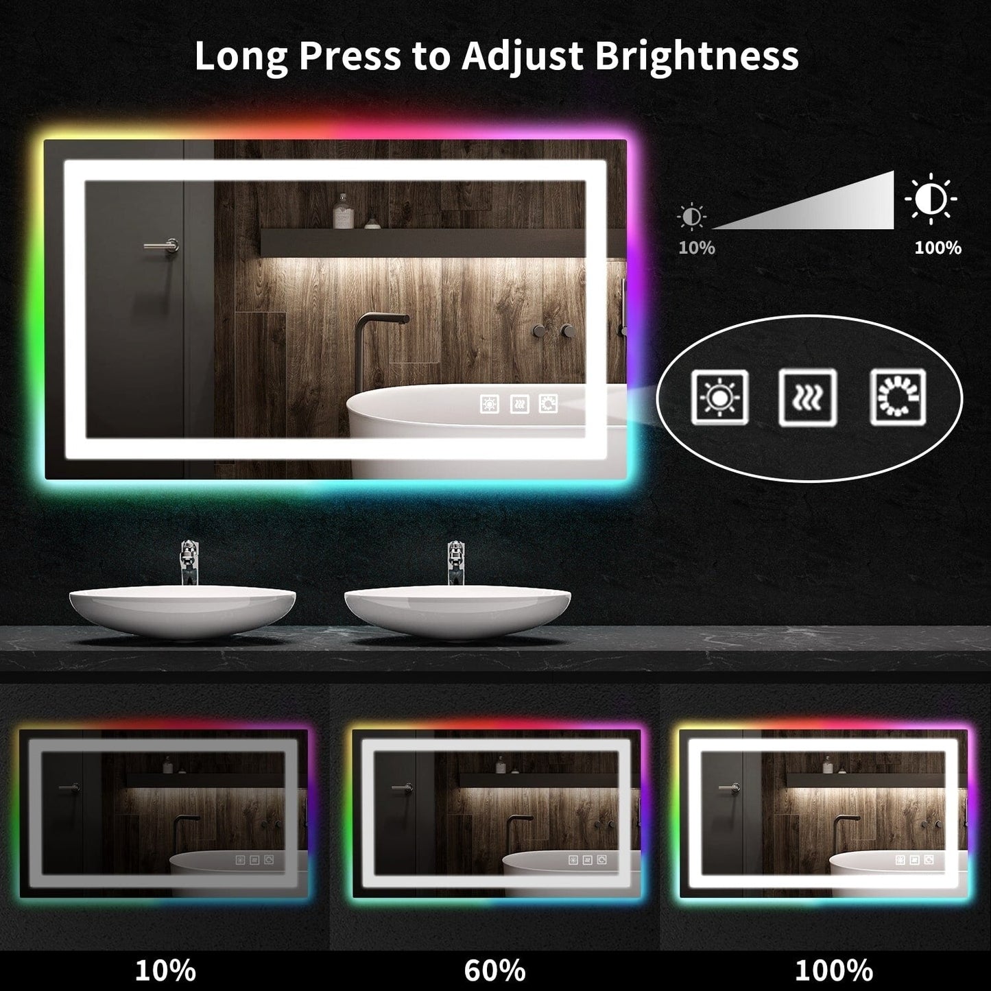 Miroir de salle de bain antibuée avec rétroéclairage RGB et éclairage LED frontal
