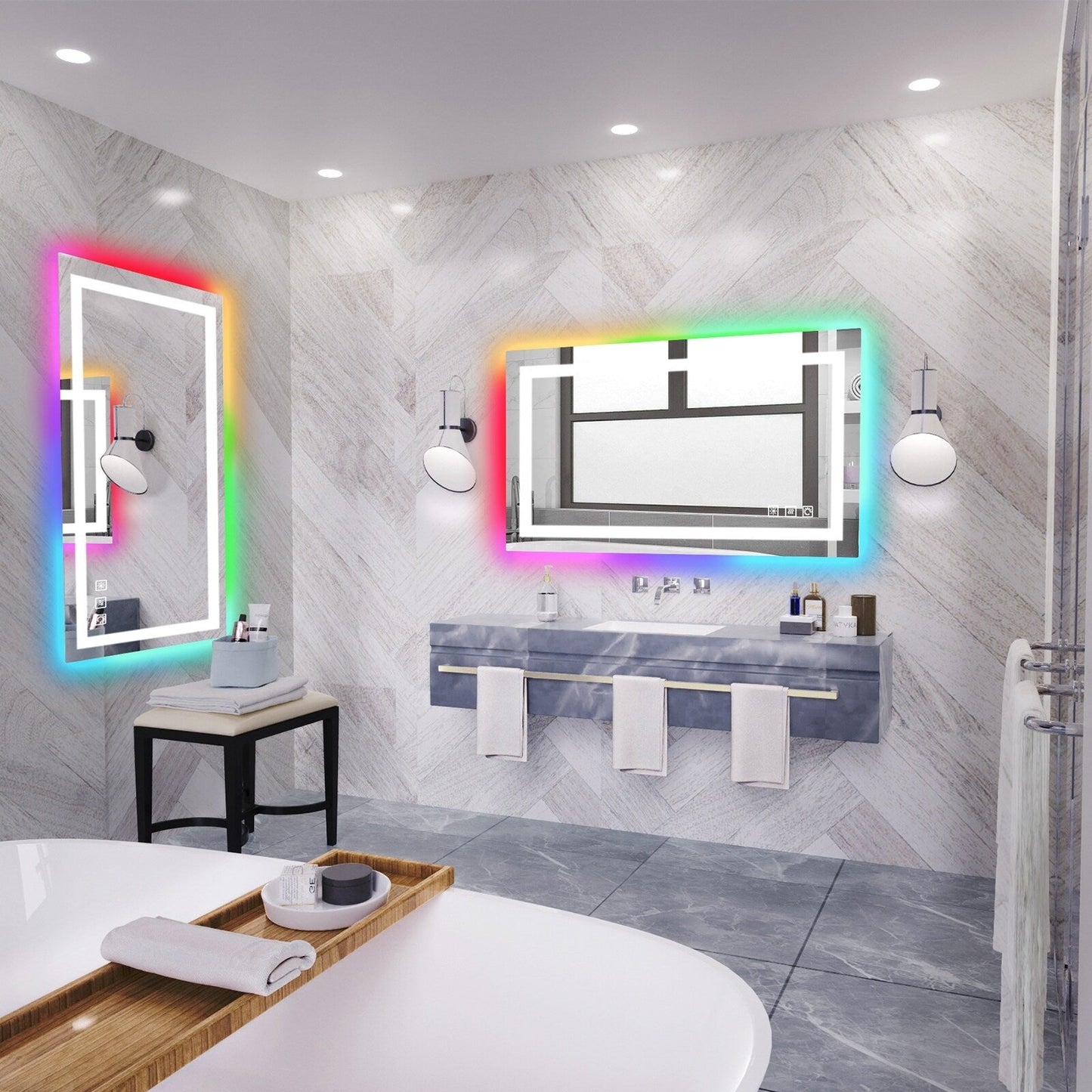 Miroir de salle de bain antibuée avec rétroéclairage RGB et éclairage LED frontal