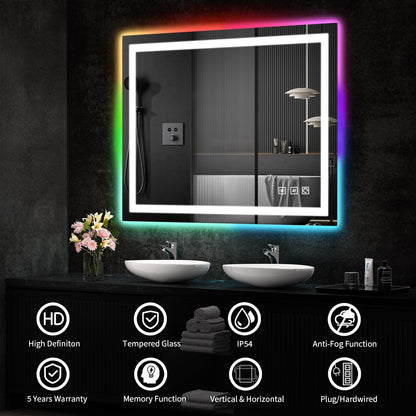 Miroir de salle de bain antibuée avec rétroéclairage RGB et éclairage LED frontal