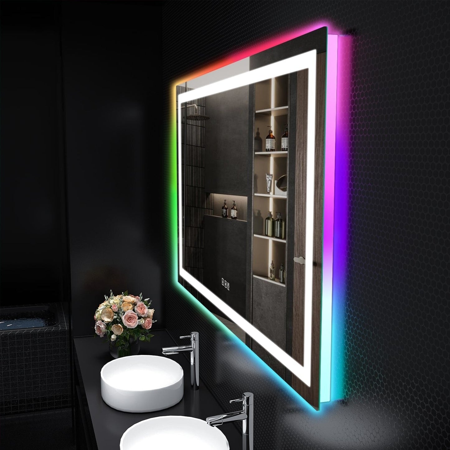 Miroir de salle de bain antibuée avec rétroéclairage RGB et éclairage LED frontal