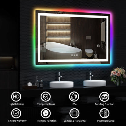 Miroir de salle de bain antibuée avec rétroéclairage RGB et éclairage LED frontal