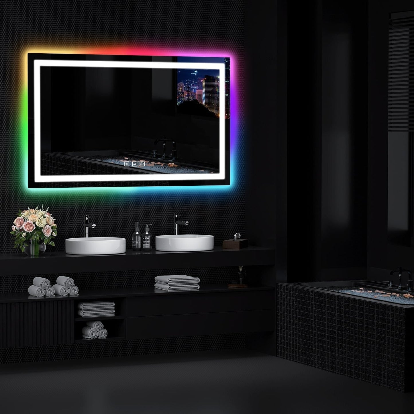 Miroir de salle de bain antibuée avec rétroéclairage RGB et éclairage LED frontal