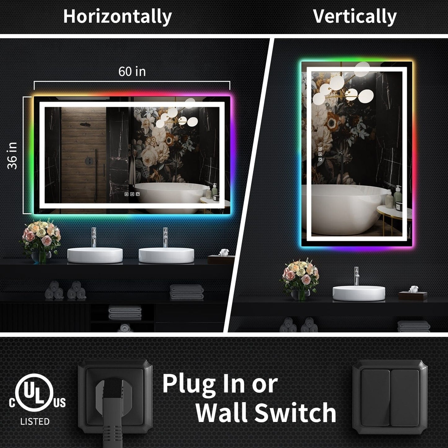 Miroir de salle de bain antibuée avec rétroéclairage RGB et éclairage LED frontal
