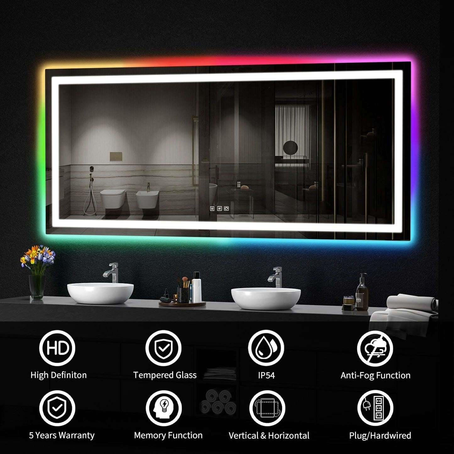 Miroir de salle de bain antibuée avec rétroéclairage RGB et éclairage LED frontal