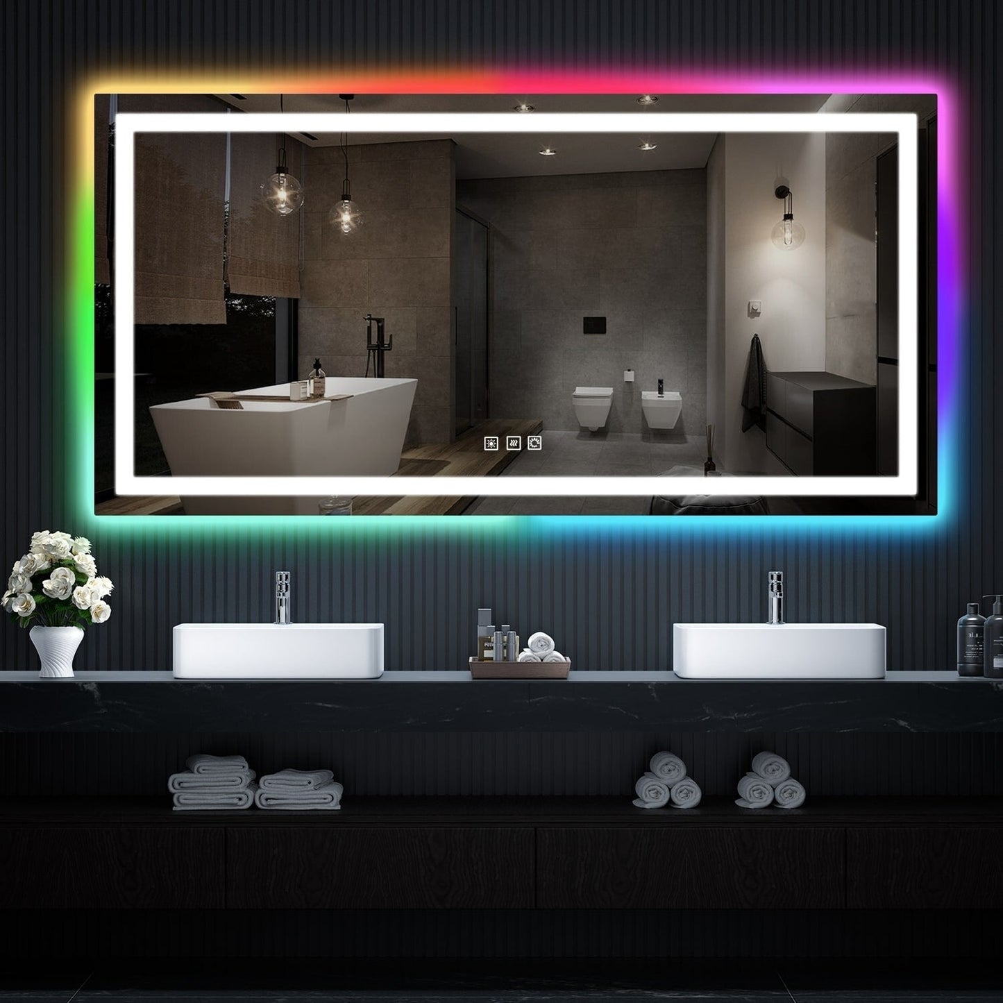 Miroir de salle de bain antibuée avec rétroéclairage RGB et éclairage LED frontal