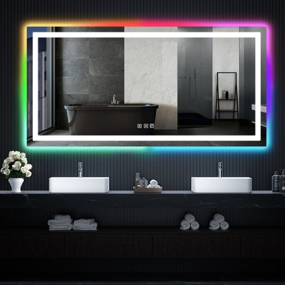 Miroir de salle de bain antibuée avec rétroéclairage RGB et éclairage LED frontal