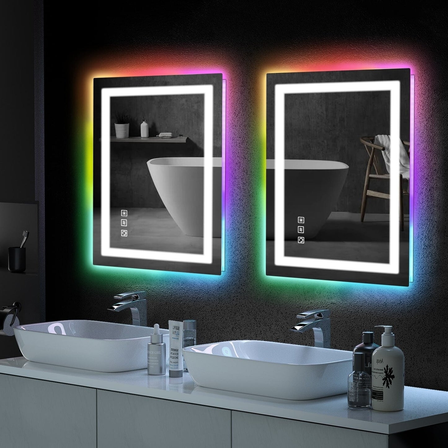 Miroir de salle de bain antibuée avec rétroéclairage RGB et éclairage LED frontal